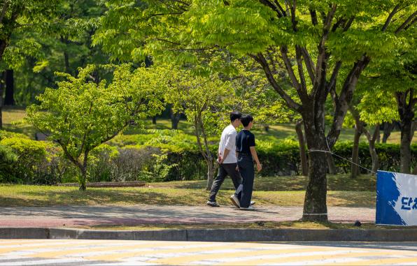 나무 아래 길을 걷는 두 학생